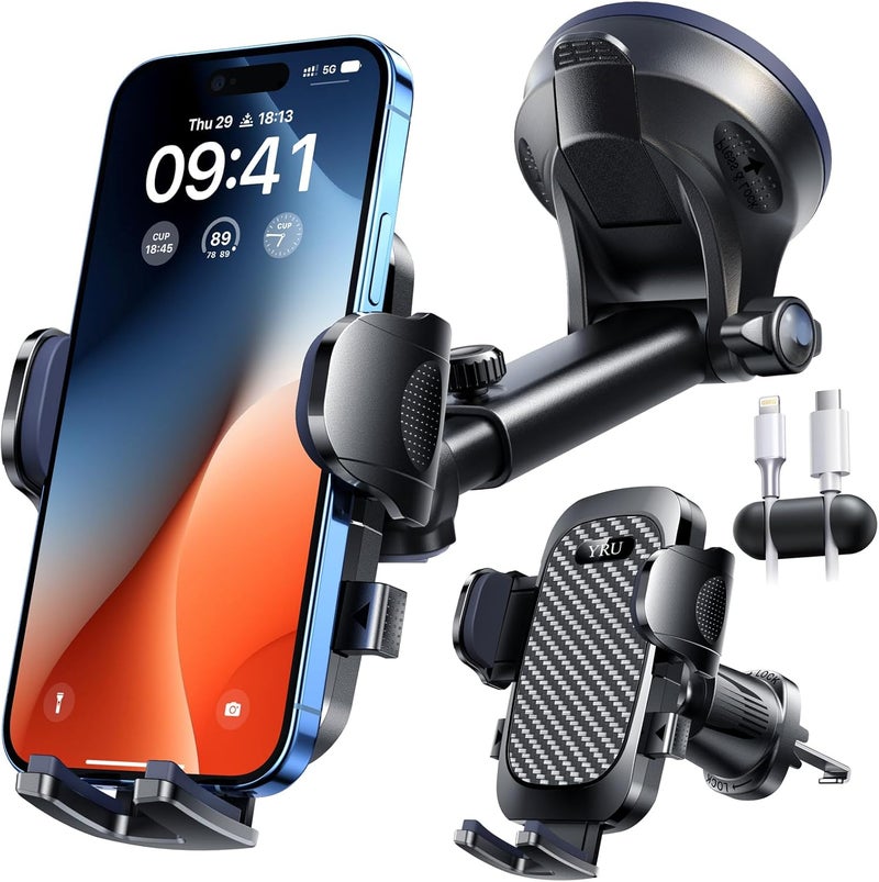 YRU True Military-Grade [360° Rotation Suction] 2026 Ultimate Car Phone Holder Mount 【90+LBS Safest Strongest & Patent Certs】 Dashboard Windshield Vent for iPhone 17 16 Pro Max Samsung, Gloss Black - Image 1